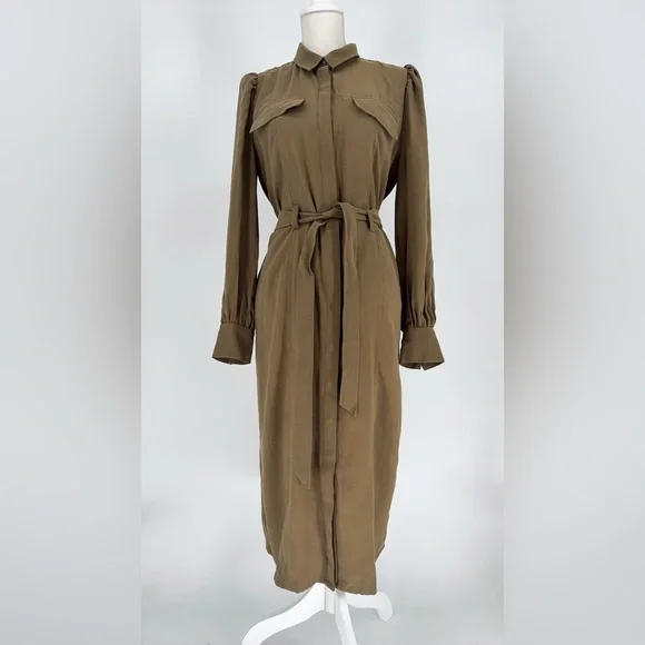 Nordstrom Midi Shirt Dress Long Sleeve Front Button Belted Pockets Green size s - Picture 2 of 10